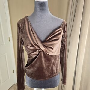 Elodie Brown Velvet Twist Front Long Sleeve Off-Shoulder Top – Women’s M